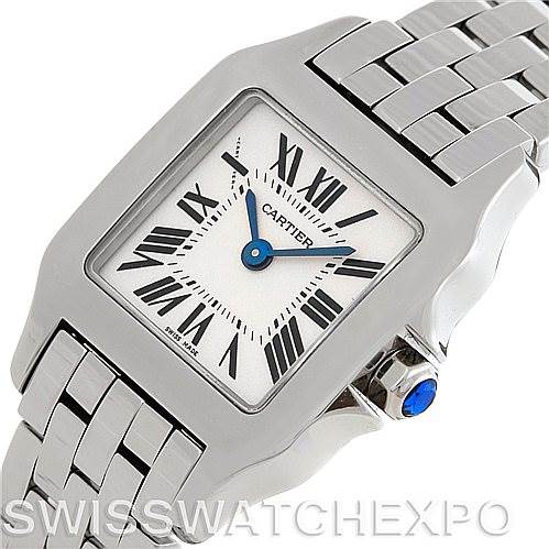 The image shows the Cartier Santos Demoiselle W25064Z5 Women's Stainless Steel Silver Dial W25064Z5 Women's Stainless Steel Silver Dial watch at a slight angle, displaying the face, bezel, and part of the bracelet.