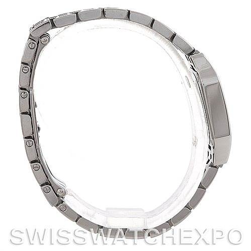 The image shows a side profile of a Cartier Santos Demoiselle W25064Z5 Women's Stainless Steel Silver Dial W25064Z5 Women's Stainless Steel Silver Dial model, highlighting its bracelet, case, and side view of the bezel.