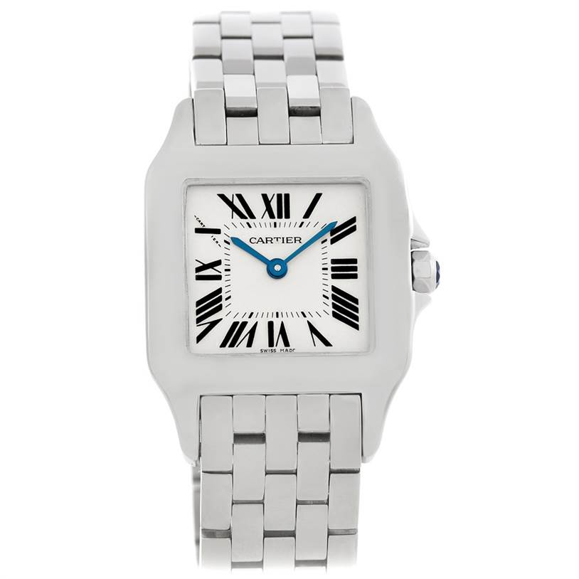 This image shows a Cartier Santos Demoiselle W25065Z5 Women's Stainless Steel Silver Dial W25065Z5 Women's Stainless Steel Silver Dial watch from a front angle, highlighting its square face and metal bracelet.