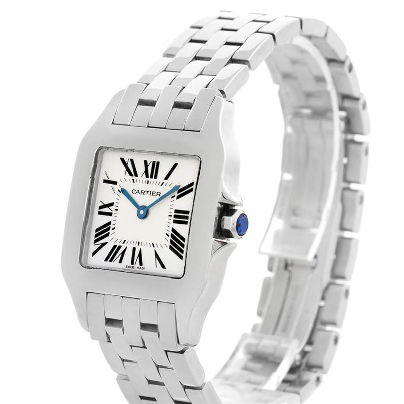 The image shows a Cartier Santos Demoiselle W25065Z5 Women's Stainless Steel Silver Dial W25065Z5 Women's Stainless Steel Silver Dial watch at a three-quarter angle, featuring the face, Roman numerals, crown, and bracelet.