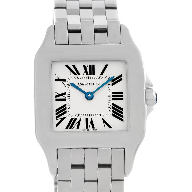 The image shows a frontal view of the Cartier Santos Demoiselle W25065Z5 Women's Stainless Steel Silver Dial W25065Z5 Women's Stainless Steel Silver Dial watch, highlighting its face, bezel, and part of the bracelet.