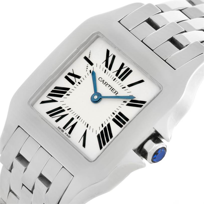 The image shows a close-up angle of the Cartier Santos Demoiselle W25065Z5 Women's Stainless Steel Silver Dial W25065Z5 Women's Stainless Steel Silver Dial watch, highlighting the face, crown, and part of the bracelet.