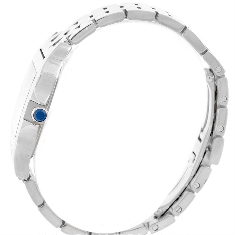 The image shows a side view of the bracelet and case of the Cartier Santos Demoiselle W25065Z5 Women's Stainless Steel Silver Dial W25065Z5 Women's Stainless Steel Silver Dial watch.