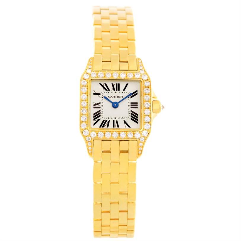 This image shows a front view of a Cartier Santos Demoiselle WF9001Y7 Women's Yellow Gold Silver Dial WF9001Y7 Women's Yellow Gold Silver Dial watch, highlighting the face, bezel, and bracelet.