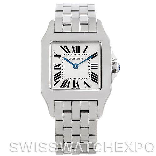 This image shows a frontal view of the Cartier Santos Demoiselle W25065Z5 Women's Steel and Gold (two tone) Silver Dial W25065Z5 Women's Steel and Gold (two tone) Silver Dial watch, displaying its face, bezel, and bracelet.