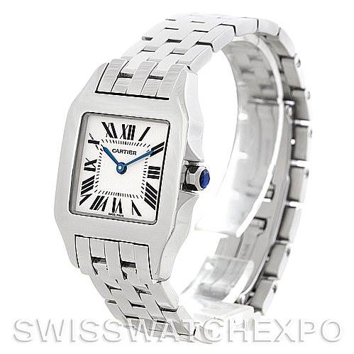 The image shows a Cartier Santos Demoiselle W25065Z5 Women's Steel and Gold (two tone) Silver Dial W25065Z5 Women's Steel and Gold (two tone) Silver Dial watch at a three-quarter angle, highlighting its square face with Roman numerals and linked bracelet.