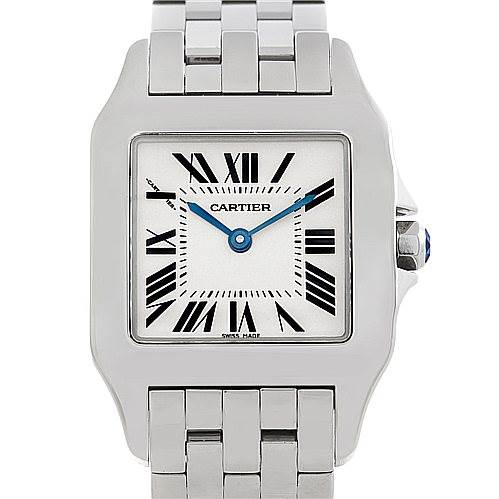 The image shows a frontal view of the Cartier Santos Demoiselle W25065Z5 Women's Steel and Gold (two tone) Silver Dial W25065Z5 Women's Steel and Gold (two tone) Silver Dial watch, highlighting its square face, Roman numeral dial, and metallic bracelet.