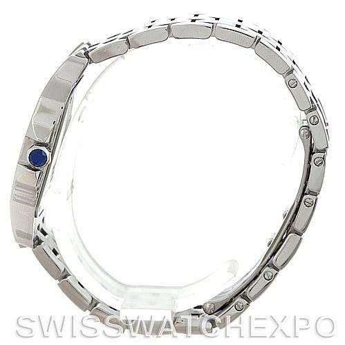 This image shows a side view of the Cartier Santos Demoiselle W25065Z5 Women's Steel and Gold (two tone) Silver Dial W25065Z5 Women's Steel and Gold (two tone) Silver Dial watch, focusing on its bracelet and case.