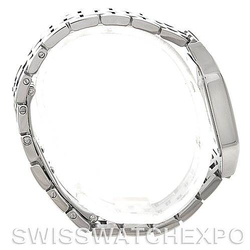 The image shows a side view of the Santos Demoiselle model by Cartier, highlighting the bracelet and side of the case.