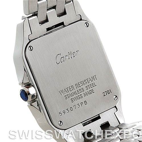 The image shows the back case and part of the band of the Cartier Santos Demoiselle W25065Z5 Women's Steel and Gold (two tone) Silver Dial W25065Z5 Women's Steel and Gold (two tone) Silver Dial watch at an angled view.