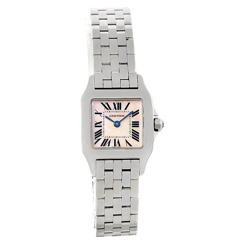 The image shows a Cartier Santos Demoiselle W25075Z5 Women's Stainless Steel Mother of Pearl Dial W25075Z5 Women's Stainless Steel Mother of Pearl Dial watch from a front angle, highlighting its face, bracelet, and crown.
