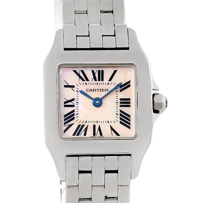 The image shows a front view of the Cartier Santos Demoiselle W25075Z5 Women's Stainless Steel Mother of Pearl Dial W25075Z5 Women's Stainless Steel Mother of Pearl Dial watch, highlighting its face, metallic bracelet, and crown.