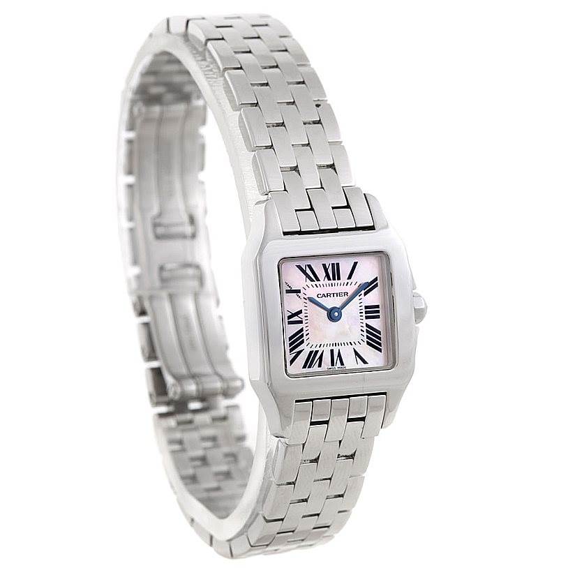 The Cartier Santos Demoiselle W25075Z5 Women's Stainless Steel Mother of Pearl Dial W25075Z5 Women's Stainless Steel Mother of Pearl Dial watch is shown at an angled view highlighting its face and metal bracelet.