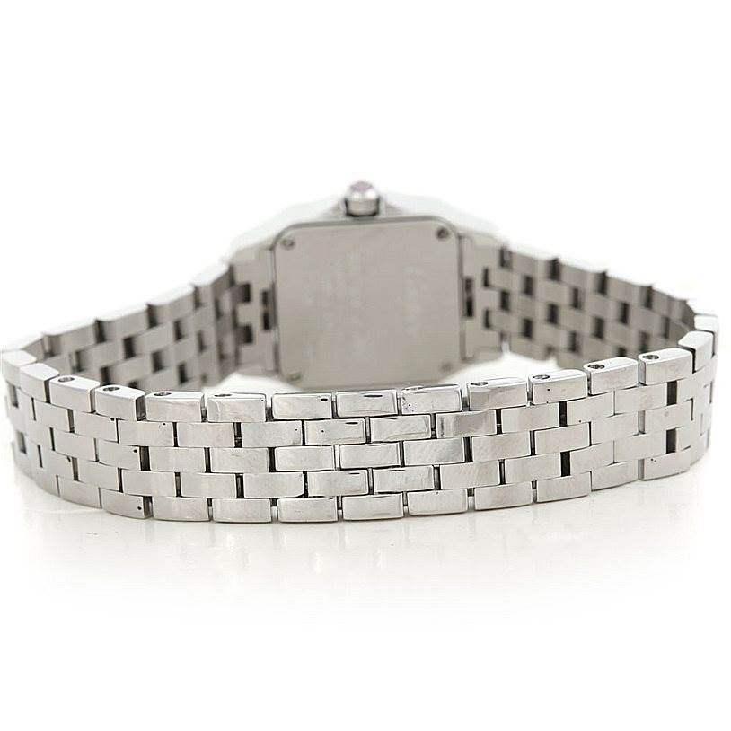 The image shows the back view of the Cartier Santos Demoiselle W25075Z5 Women's Stainless Steel Mother of Pearl Dial W25075Z5 Women's Stainless Steel Mother of Pearl Dial watch, highlighting its stainless steel bracelet and case back.