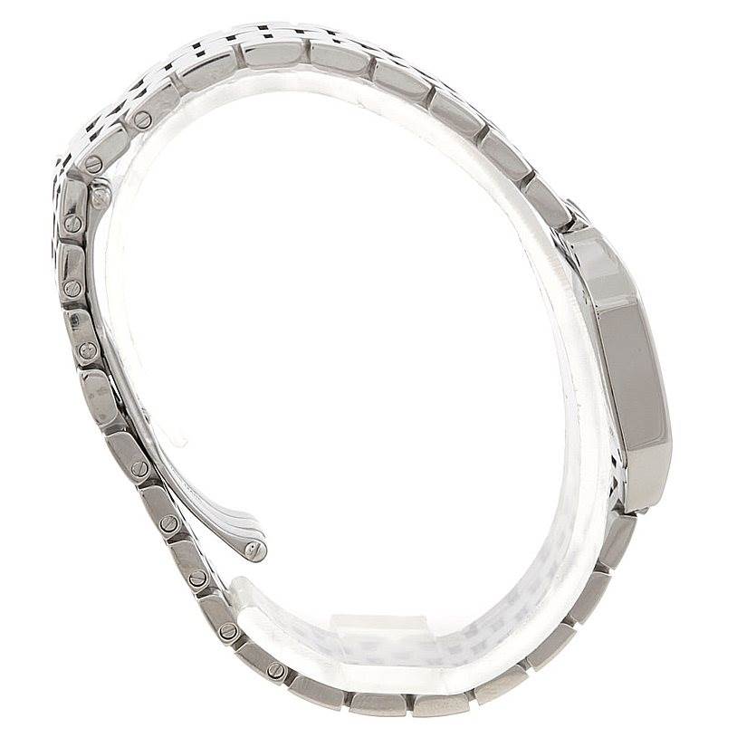 The image shows a side profile of the Cartier Santos Demoiselle W25075Z5 Women's Stainless Steel Mother of Pearl Dial W25075Z5 Women's Stainless Steel Mother of Pearl Dial watch, highlighting the bracelet and the edge of the case.