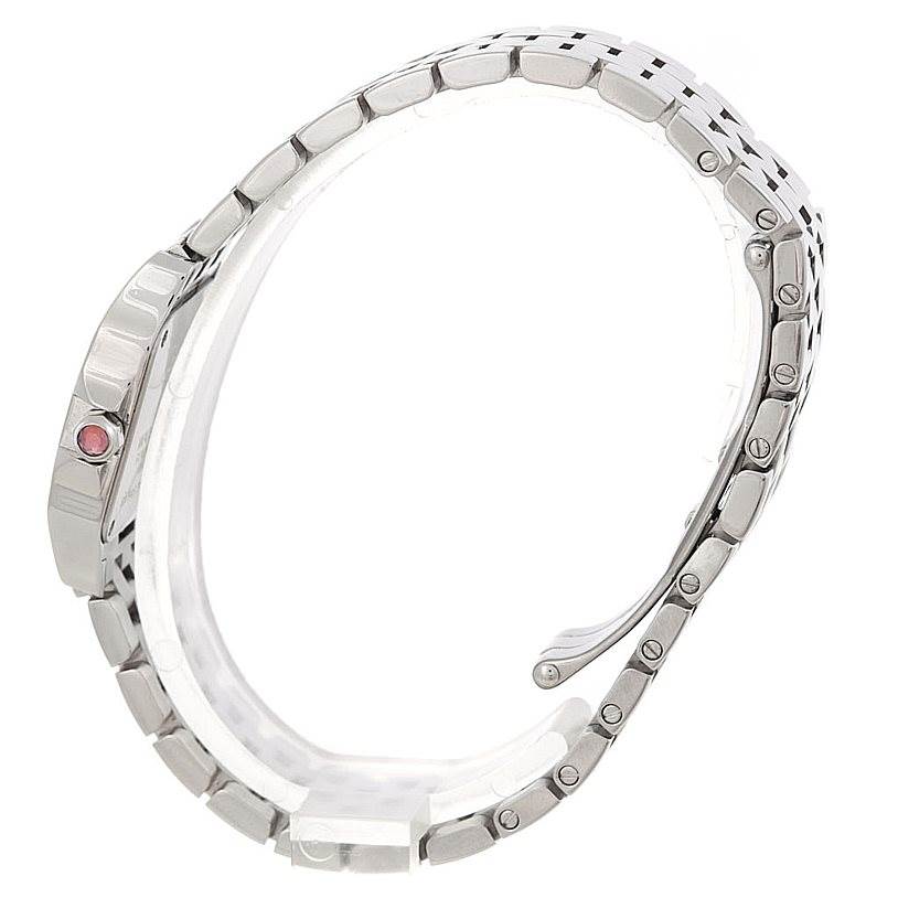 This image shows a side view of the Cartier Santos Demoiselle W25075Z5 Women's Stainless Steel Mother of Pearl Dial W25075Z5 Women's Stainless Steel Mother of Pearl Dial watch, highlighting its metal bracelet and case.