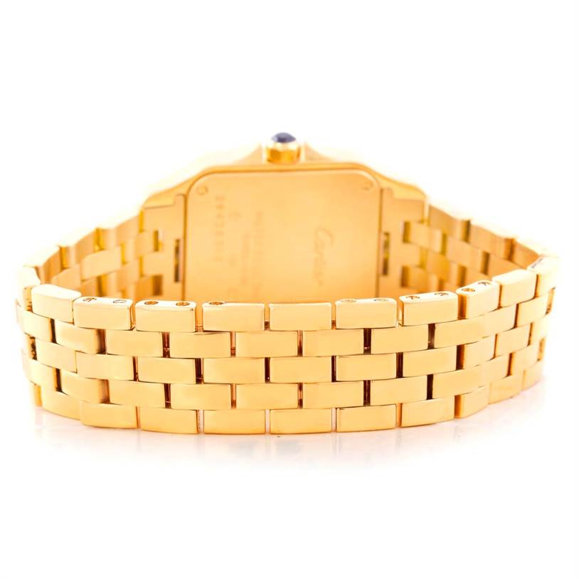 The image shows the back and bracelet of a Cartier Santos Demoiselle W25062X9 Women's Yellow Gold Silver Dial W25062X9 Women's Yellow Gold Silver Dial watch in a golden finish.