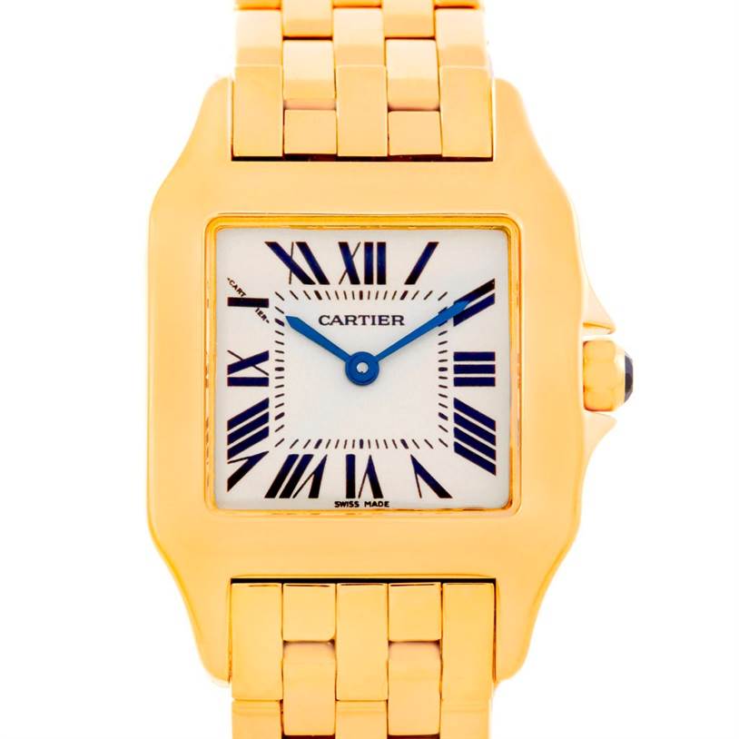 This image shows a Cartier Santos Demoiselle W25062X9 Women's Yellow Gold Silver Dial W25062X9 Women's Yellow Gold Silver Dial watch from a frontal angle, highlighting the face, bezel, and part of the bracelet.