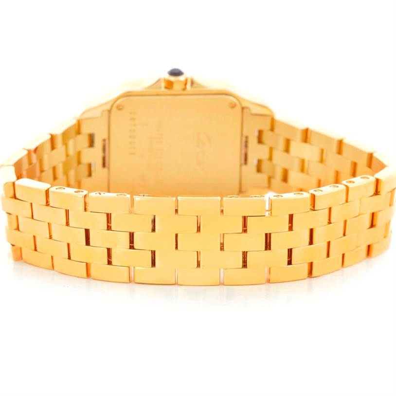 The image shows the back view of the Cartier Santos Demoiselle W25062X9 Women
s Yellow Gold Silver Dial W25062X9 Women
s Yellow Gold Silver Dial, highlighting the gold bracelet and case back.