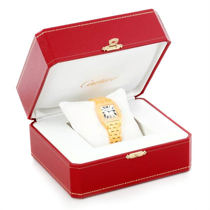 The image shows a Cartier Santos Demoiselle W25062X9 Women
s Yellow Gold Silver Dial W25062X9 Women
s Yellow Gold Silver Dial watch in its open red presentation box, photographed from a front angle.