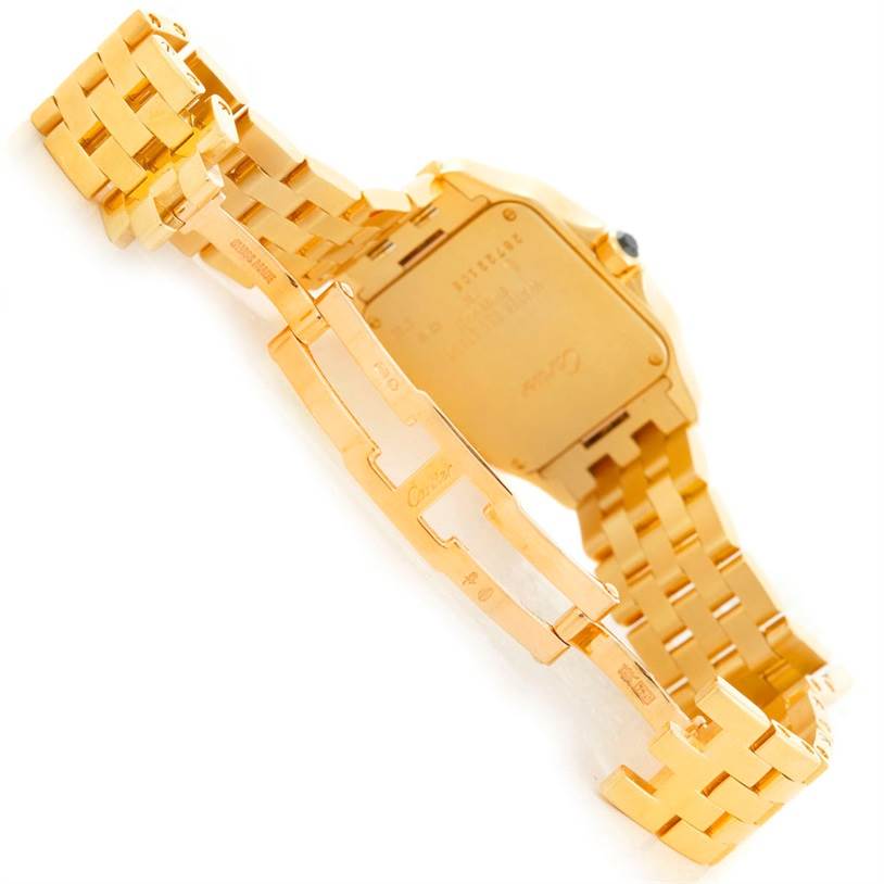 The image shows the back and bracelet clasp of a Santos Demoiselle watch by Cartier.