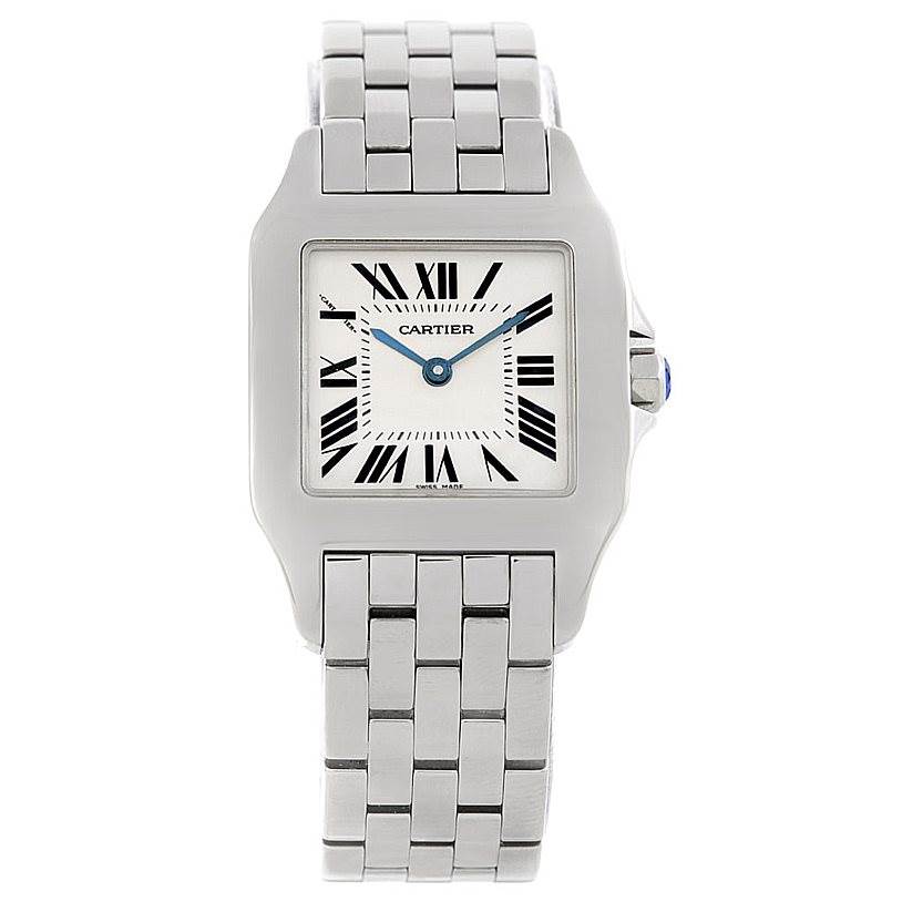 This image shows a front view of the Cartier Santos Demoiselle W25065Z5 Women's Stainless Steel Silver Dial W25065Z5 Women's Stainless Steel Silver Dial watch, featuring its face, bezel, and part of the bracelet.