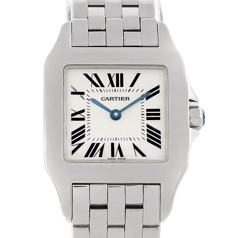 The image shows a frontal view of the Cartier Santos Demoiselle W25065Z5 Women's Stainless Steel Silver Dial W25065Z5 Women's Stainless Steel Silver Dial watch, highlighting its face and part of the metal bracelet.