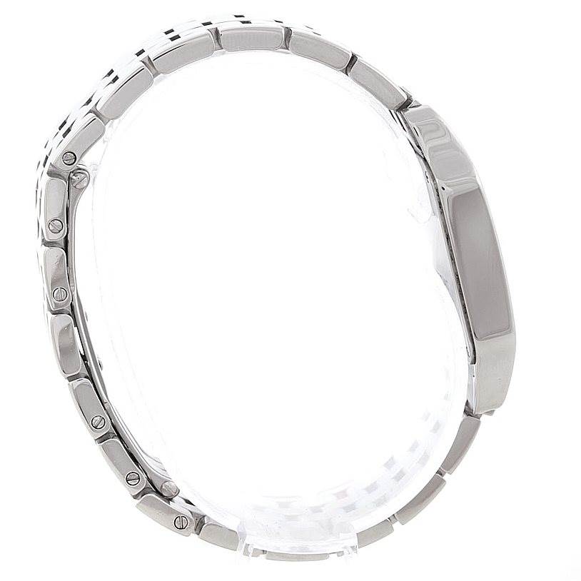 The Cartier Santos Demoiselle W25065Z5 Women's Stainless Steel Silver Dial W25065Z5 Women's Stainless Steel Silver Dial watch is shown from a side angle, highlighting the bracelet links and part of the case.