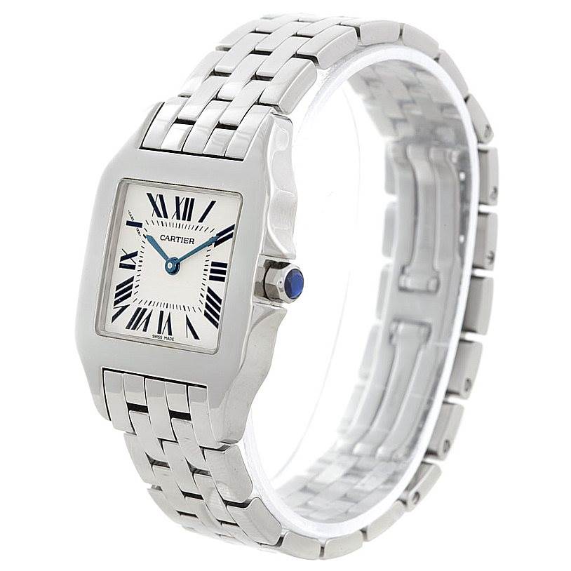 The Cartier Santos Demoiselle W25065Z5 Women's Stainless Steel Silver Dial W25065Z5 Women's Stainless Steel Silver Dial watch is shown at a three-quarter angle, displaying the face, bracelet, and crown.