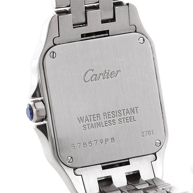 This image shows the back of a Cartier Santos Demoiselle W25065Z5 Women's Stainless Steel Silver Dial W25065Z5 Women's Stainless Steel Silver Dial watch, highlighting its stainless steel case and water resistance details.