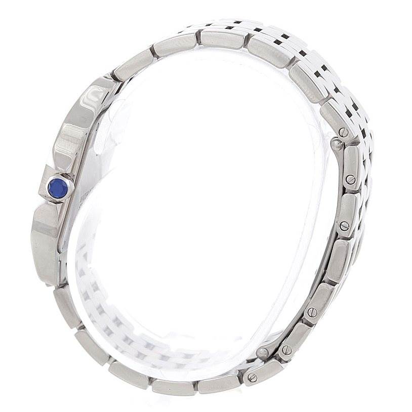 This image shows a side view of the Cartier Santos Demoiselle W25065Z5 Women's Stainless Steel Silver Dial W25065Z5 Women's Stainless Steel Silver Dial watch, highlighting the bracelet and crown with a blue cabochon.