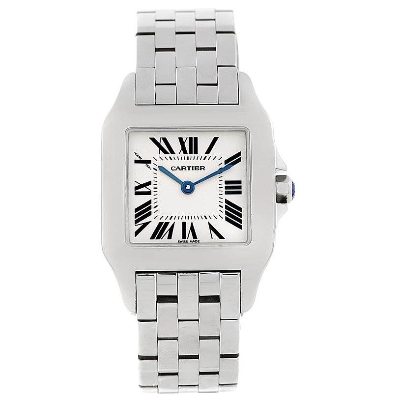 The Cartier Santos Demoiselle W25065Z5 Women
s Stainless Steel Silver Dial W25065Z5 Women
s Stainless Steel Silver Dial watch is shown from the front, displaying its face, bracelet, and crown.