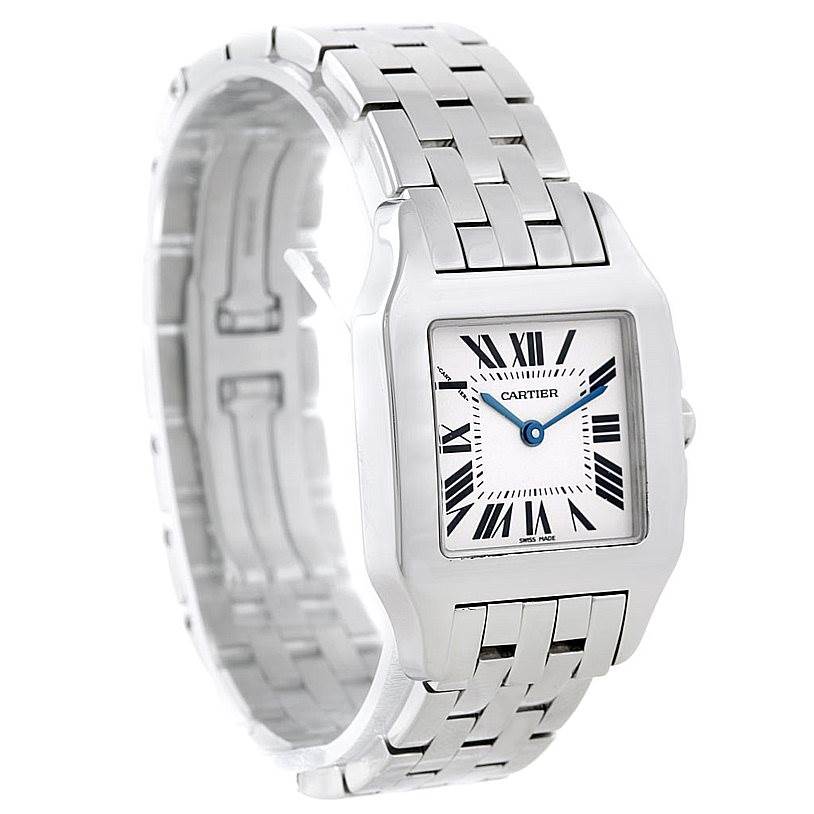 The image shows a front angled view of the Cartier Santos Demoiselle W25065Z5 Women
s Stainless Steel Silver Dial W25065Z5 Women
s Stainless Steel Silver Dial watch, displaying its dial and bracelet.