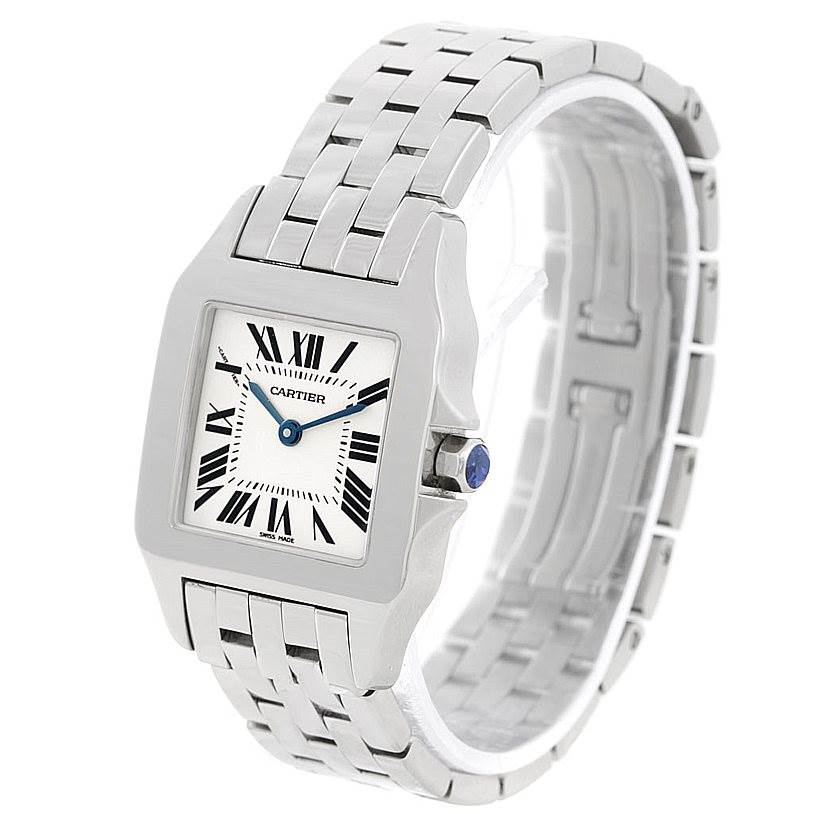 The image shows a Cartier Santos Demoiselle W25065Z5 Women
s Stainless Steel Silver Dial W25065Z5 Women
s Stainless Steel Silver Dial watch from a front angle, highlighting the face, bezel, and bracelet.