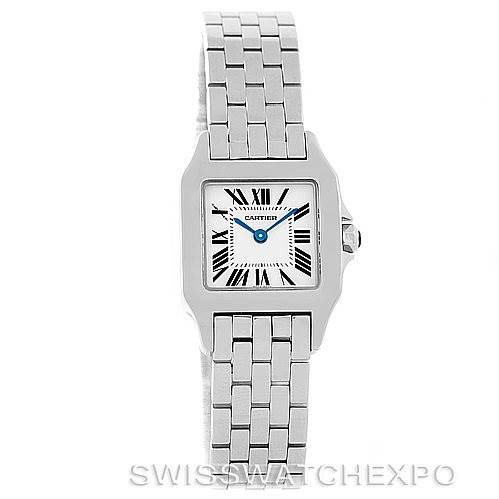 The image shows a front view of the Cartier Santos Demoiselle W25064Z5 Women's Stainless Steel Silver Dial W25064Z5 Women's Stainless Steel Silver Dial watch, highlighting its face, bezel, and bracelet.