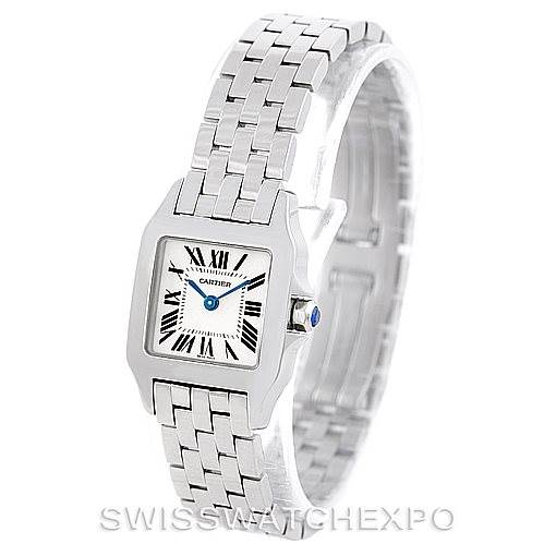 The image shows a Cartier Santos Demoiselle W25064Z5 Women's Stainless Steel Silver Dial W25064Z5 Women's Stainless Steel Silver Dial watch from a front angle, highlighting its face, bezel, crown, and bracelet.