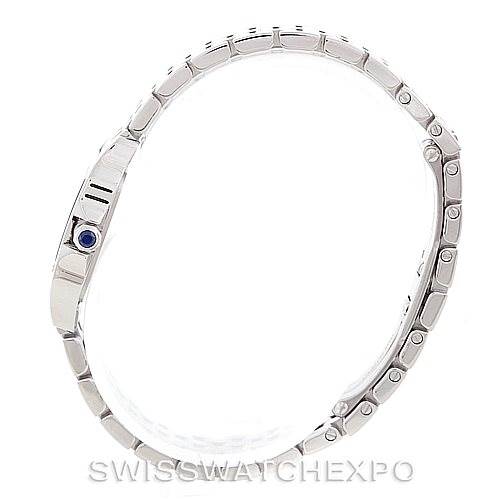 This image shows a side view of the Cartier Santos Demoiselle W25064Z5 Women's Stainless Steel Silver Dial W25064Z5 Women's Stainless Steel Silver Dial model watch, highlighting the bracelet and crown.