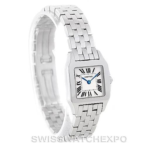 The image shows a Santos Demoiselle model by Cartier, featuring a square face, Roman numerals, and a metal bracelet in a tilted front angle.