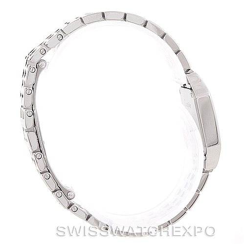 The image shows a side view of the Santos Demoiselle watch by Cartier, highlighting its bracelet and case.