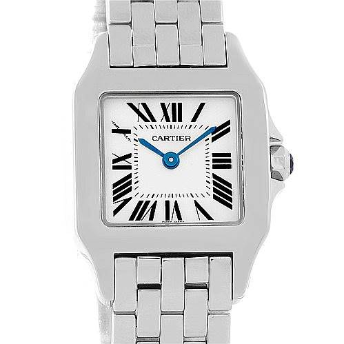 The image shows the face and bracelet of the Cartier Santos Demoiselle W25064Z5 Women's Stainless Steel Silver Dial W25064Z5 Women's Stainless Steel Silver Dial watch.