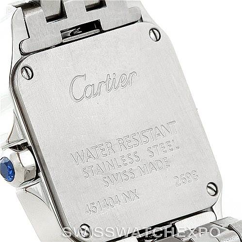This image shows the back case of the Cartier Santos Demoiselle W25064Z5 Women's Stainless Steel Silver Dial W25064Z5 Women's Stainless Steel Silver Dial watch, revealing its water resistance and material information.