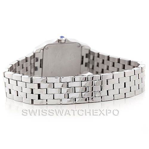 The image shows the back view of the Santos Demoiselle watch by Cartier, focusing on the stainless steel bracelet and case back.