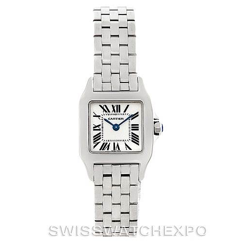 The image shows the front view of a Cartier Santos Demoiselle W25064Z5 Women's Stainless Steel Silver Dial W25064Z5 Women's Stainless Steel Silver Dial watch, displaying its square face, Roman numerals, and metal bracelet.