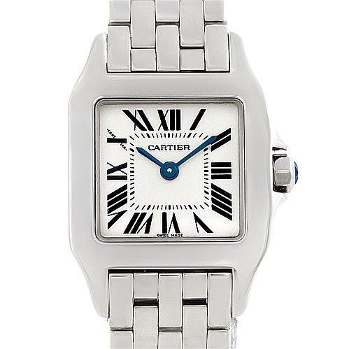 This image shows a front view of the Cartier Santos Demoiselle W25064Z5 Women's Stainless Steel Silver Dial W25064Z5 Women's Stainless Steel Silver Dial watch, highlighting its dial, Roman numerals, blue hands, and metal bracelet.