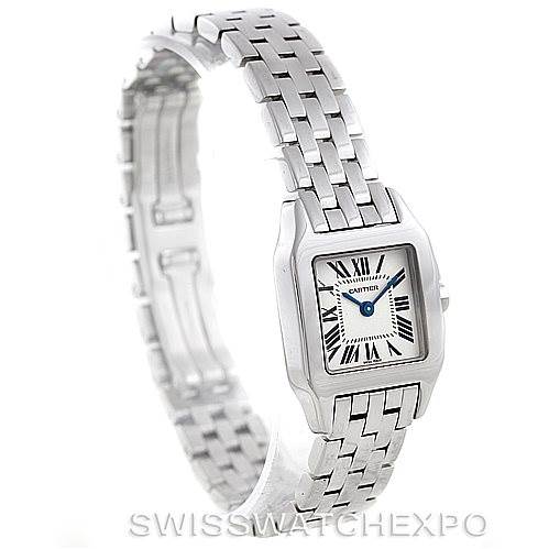 The image shows a Cartier Santos Demoiselle W25064Z5 Women's Stainless Steel Silver Dial W25064Z5 Women's Stainless Steel Silver Dial watch at a slight angle, highlighting its square dial, Roman numerals, and metal bracelet.
