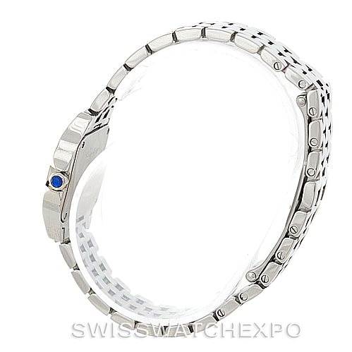 This image shows a side view of the Cartier Santos Demoiselle W25064Z5 Women's Stainless Steel Silver Dial W25064Z5 Women's Stainless Steel Silver Dial watch, highlighting the bracelet and clasp with a blue cabochon crown.