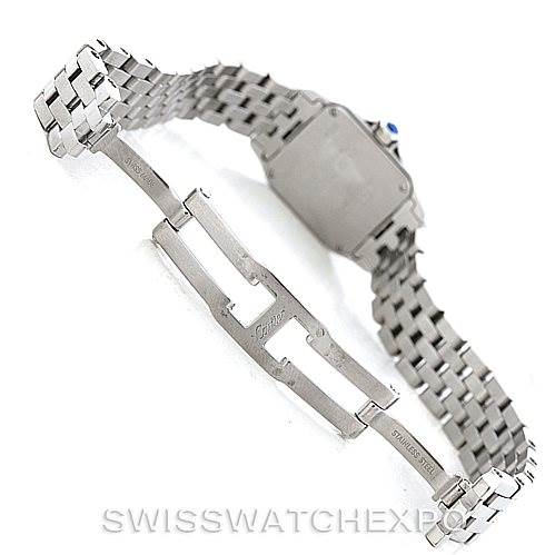 The image shows the open bracelet and clasp of a Cartier Santos Demoiselle W25064Z5 Women's Stainless Steel Silver Dial W25064Z5 Women's Stainless Steel Silver Dial watch from a rear angle.