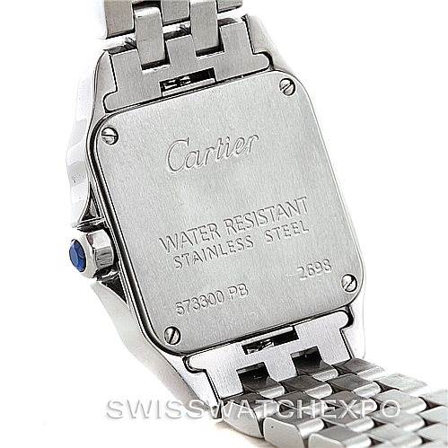 This image shows the back case and band of the Cartier Santos Demoiselle W25064Z5 Women's Stainless Steel Silver Dial W25064Z5 Women's Stainless Steel Silver Dial watch, emphasizing its stainless steel design and water resistance details.