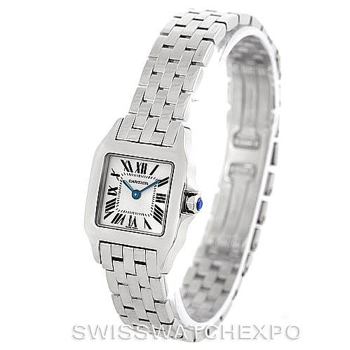 This image shows a Cartier Santos Demoiselle W25064Z5 Women's Stainless Steel Silver Dial W25064Z5 Women's Stainless Steel Silver Dial watch from a front angle, highlighting its square face, Roman numerals, and stainless steel bracelet.