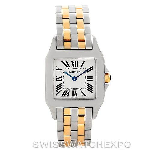 The image shows a front view of a Cartier Santos Demoiselle W25067Z6 Women's Steel and Gold (two tone) Silver Dial W25067Z6 Women's Steel and Gold (two tone) Silver Dial model watch, highlighting its dial, case, and bi-metal bracelet.